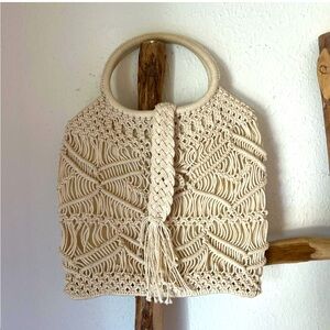 Vintage 70s Ivory Cream Macrame Crochet Purse Boho Fringe Woven Rope Festival